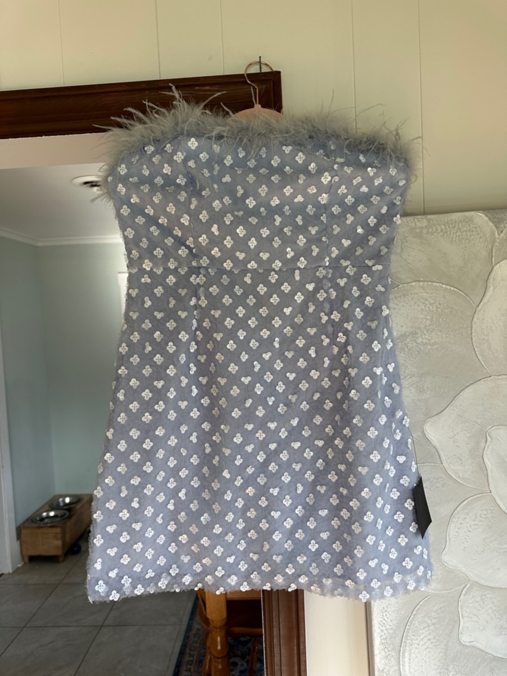 Lulu's Pale Blue Strapless Mini Dress with Floral Sequins and Feather Trim